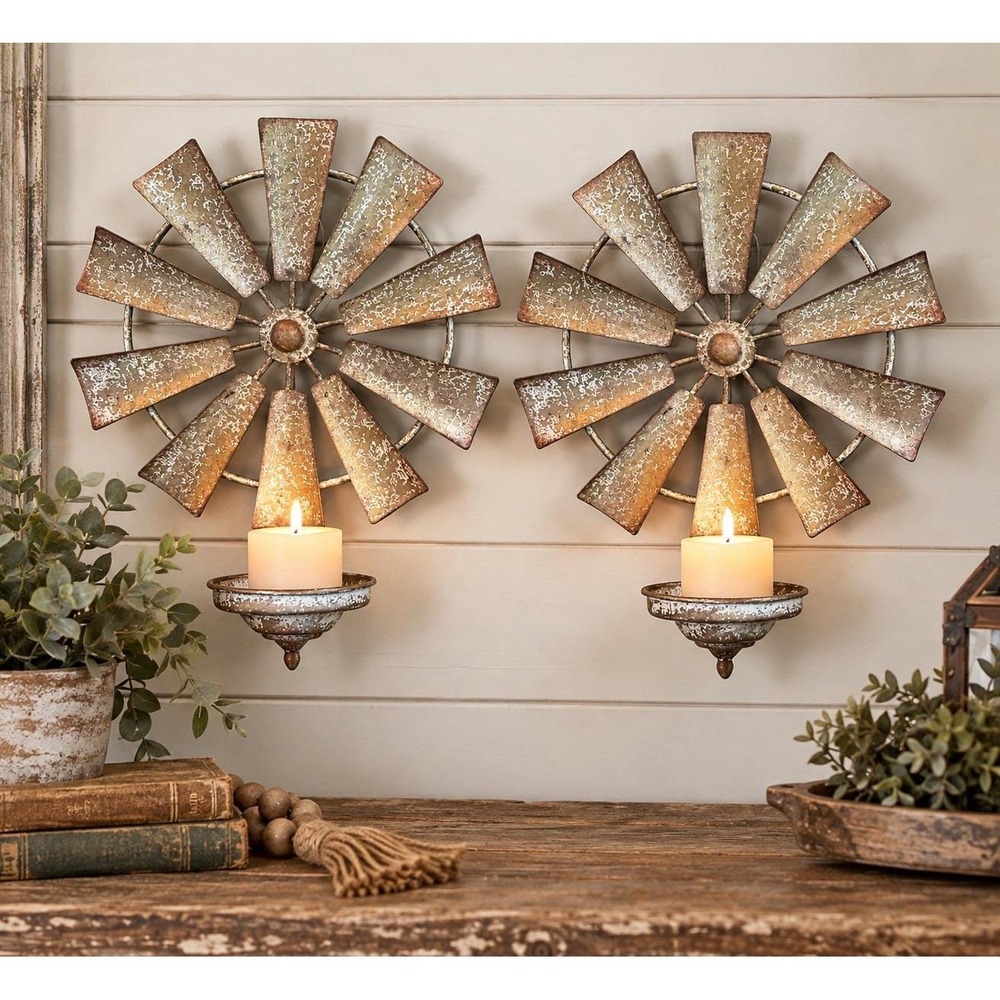Farmhouse Windmill Wall Candle Holders Set of 2 Distressed Metal Rustic 12" Vtg
